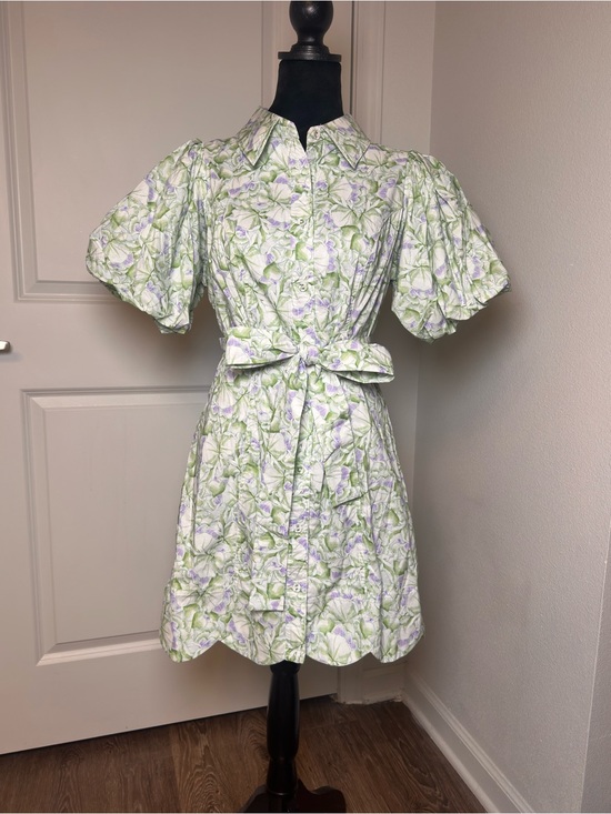 Mable Dresses & Skirts - MABLE Pastel Green Floral Puff-Sleeve Shirt Dress / BNWT